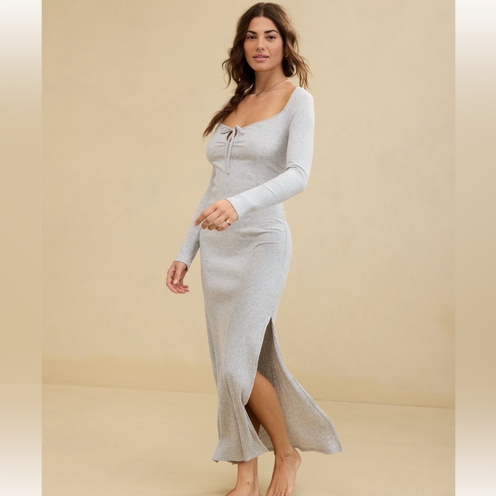 NWT Aerie Long Sleeve Knit Tie Front Heather Gray Maxi Dress - Size L